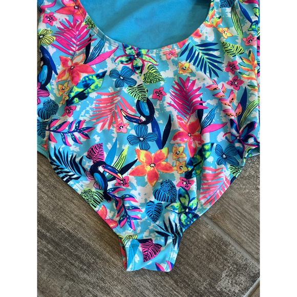 Girls 7/8 Blue Floral Toucan Ruffle Swimsuit One Piece Tropical Bathing Suit - Picture 5 of 5